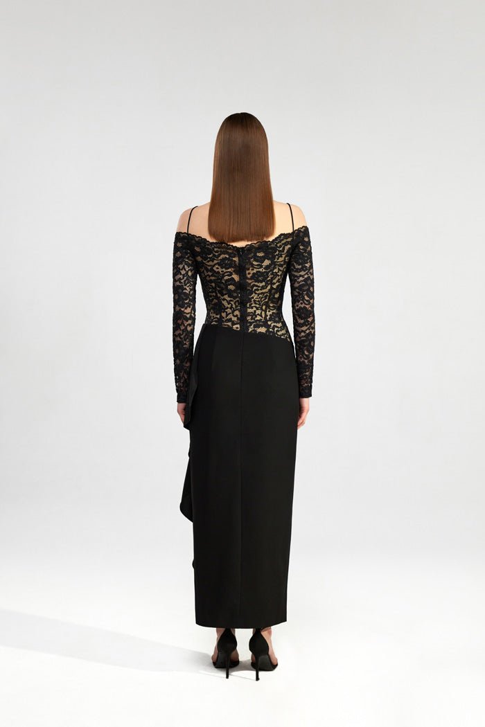 Draped crepe and lace off-the-shoulder long midi dress – Rasario