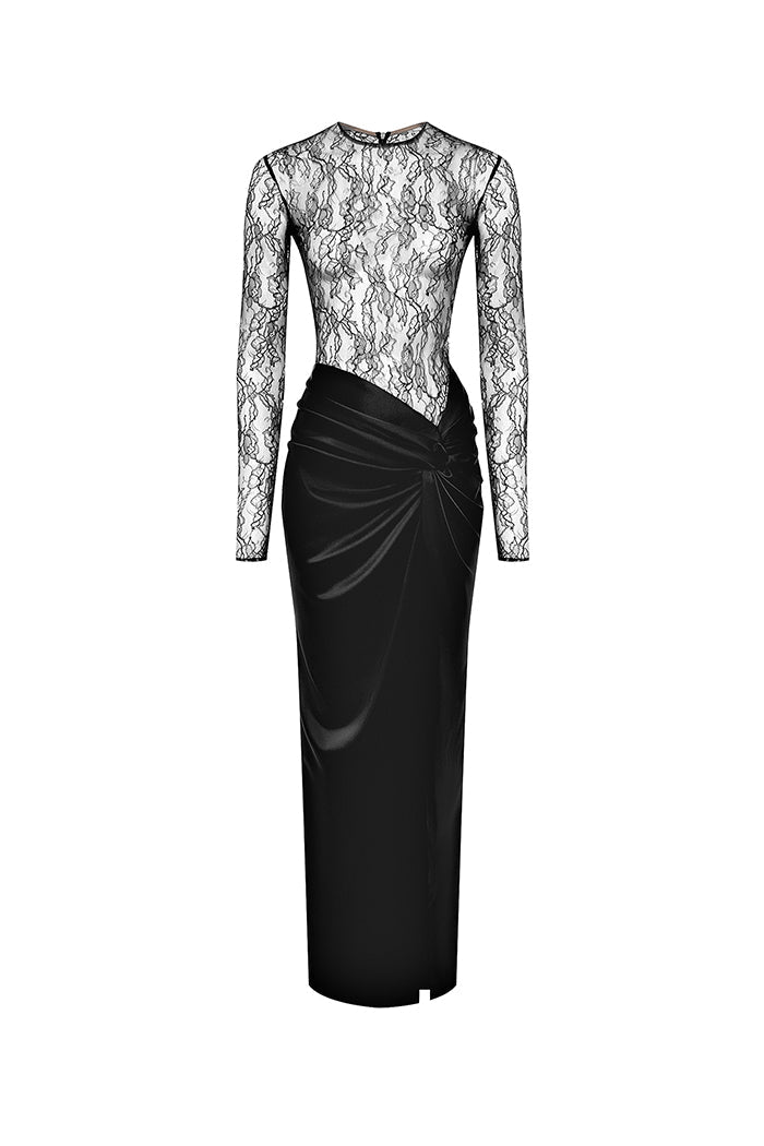 Draped lace and satin maxi dress – Rasario