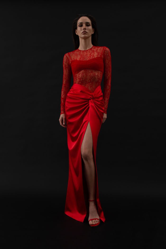 Draped lace and satin maxi dress with a covering top – Rasario