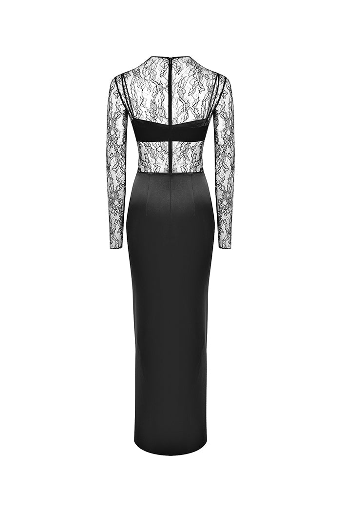 Draped lace and satin maxi dress with a covering top – Rasario