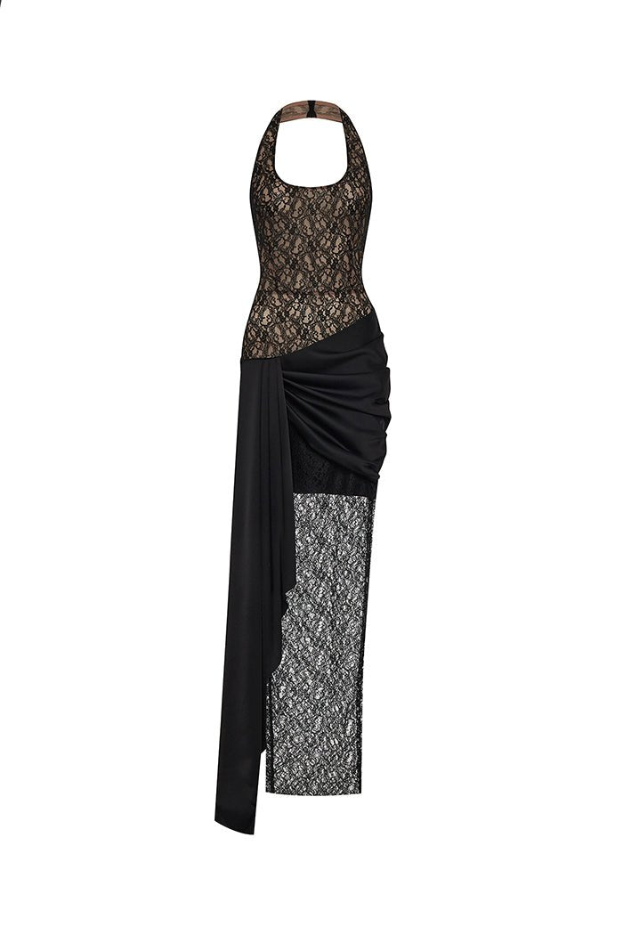 Draped lace and satin maxi dress with a train – Rasario