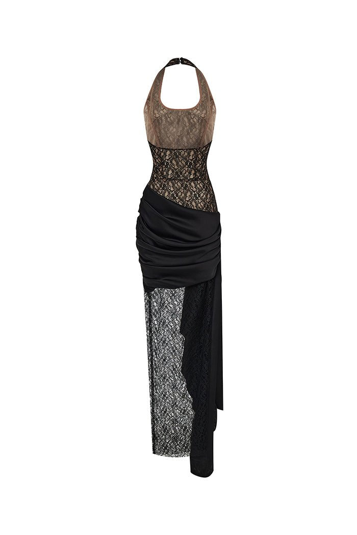 Draped lace and satin maxi dress with a train – Rasario