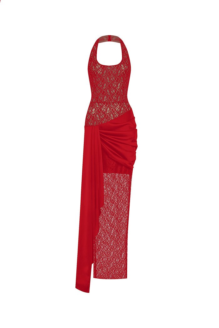 Draped lace and satin maxi dress with a train – Rasario