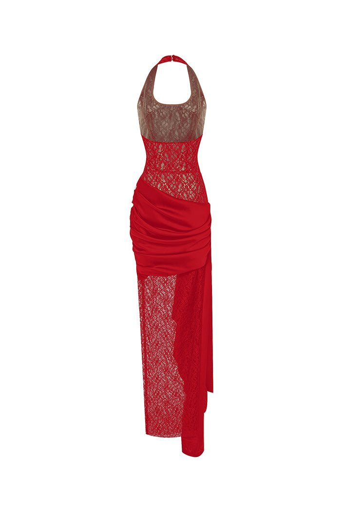 Draped lace and satin maxi dress with a train – Rasario