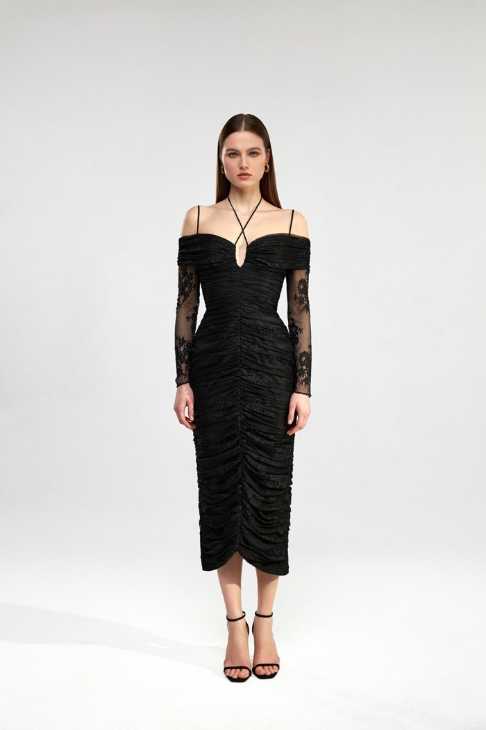 Draped off-the-shoulder lace midi dress – Rasario