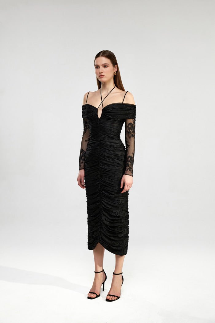 Draped off-the-shoulder lace midi dress – Rasario