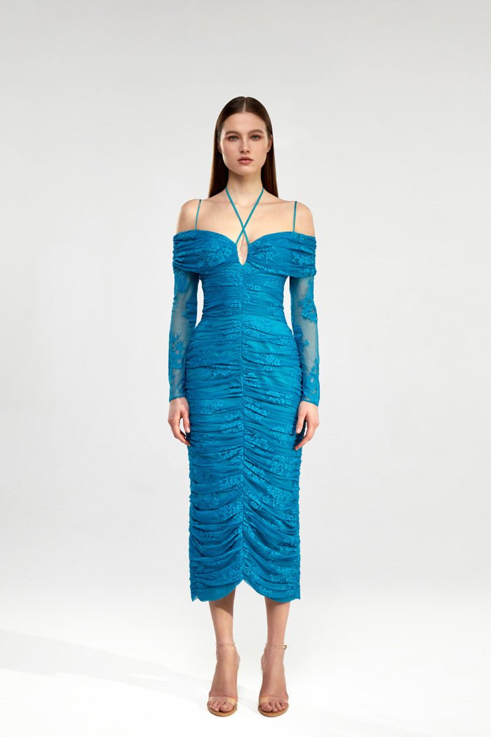 Draped off-the-shoulder lace midi dress – Rasario
