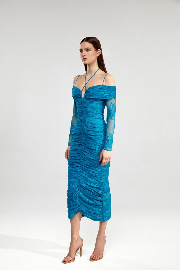 Draped off-the-shoulder lace midi dress – Rasario