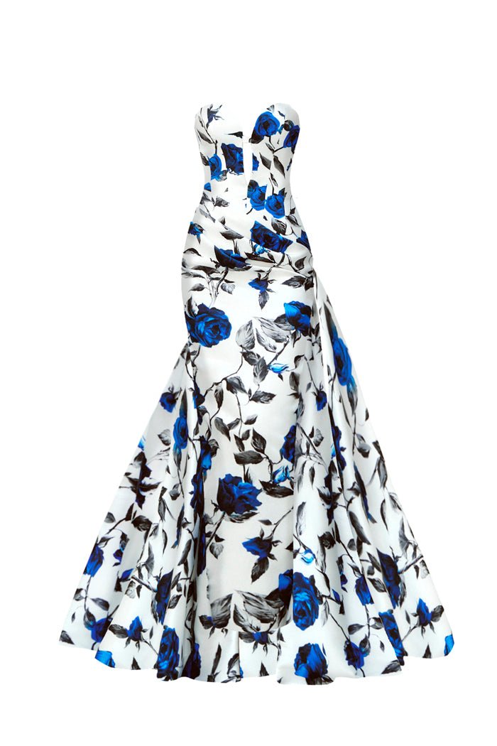 Draped printed satin dress with a side train – Rasario
