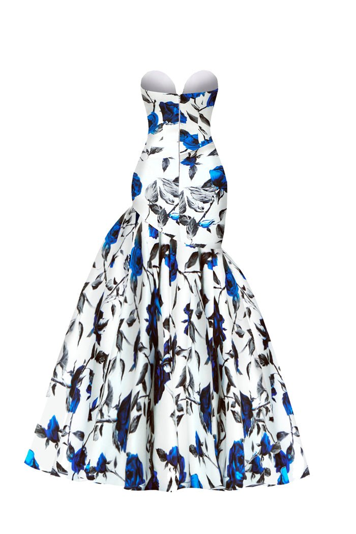 Draped printed satin dress with a side train – Rasario