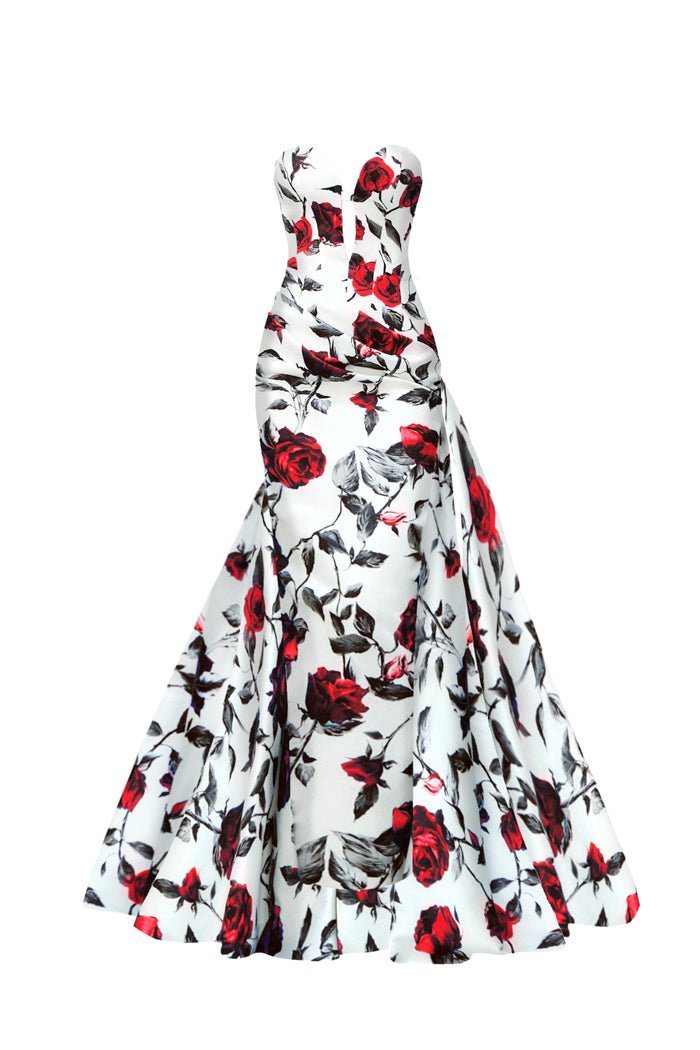 Draped printed satin dress with a side train – Color: White/Red – RASARIO Online Boutique 44 (FR) / White/Red
