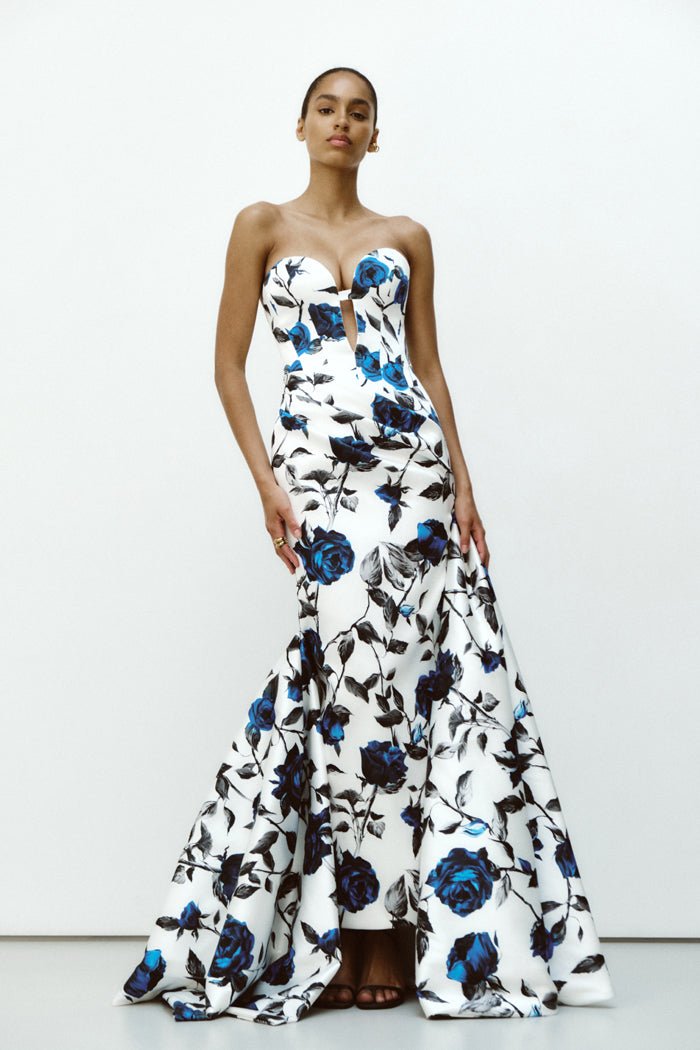 Draped printed satin dress with a side train – Rasario