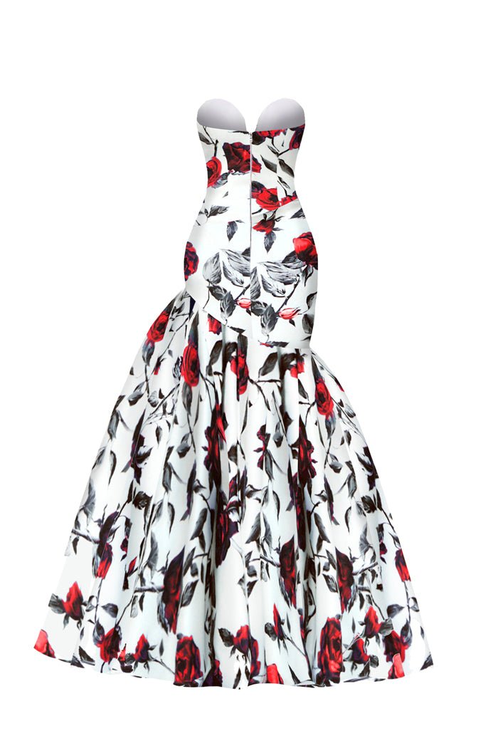 Draped printed satin dress with a side train – Rasario