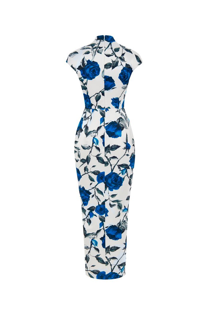 Draped printed satin long midi dress – Rasario