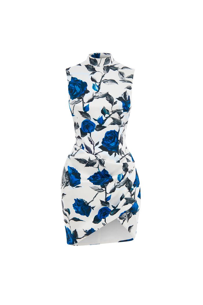 Draped printed satin mini dress with an opened back – Rasario