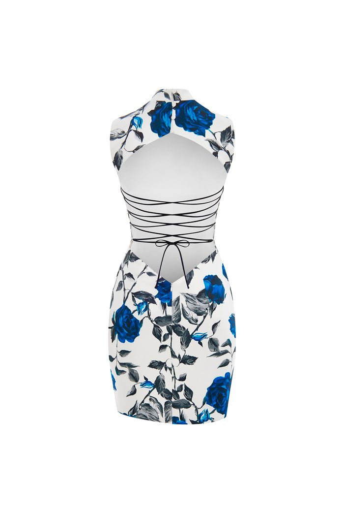Draped printed satin mini dress with an opened back – Rasario