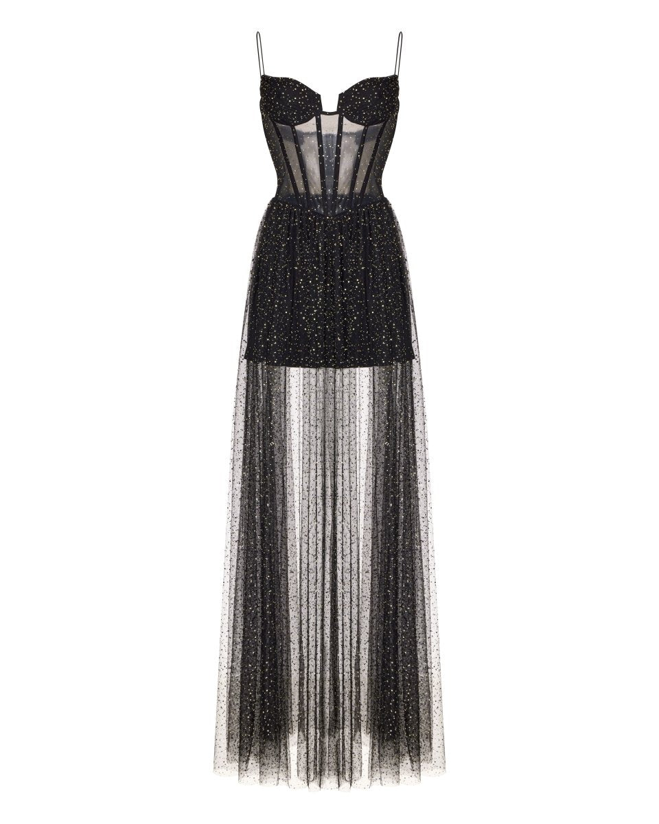 Draped rhinestone tulle corset maxi dress with voluminous skirt – Color: Black – RASARIO Online Boutique 44 (FR) / Black