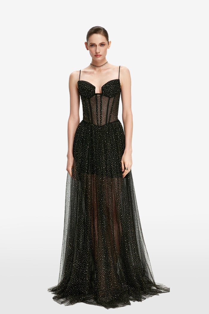 Draped rhinestone tulle corset maxi dress with voluminous skirt – Rasario