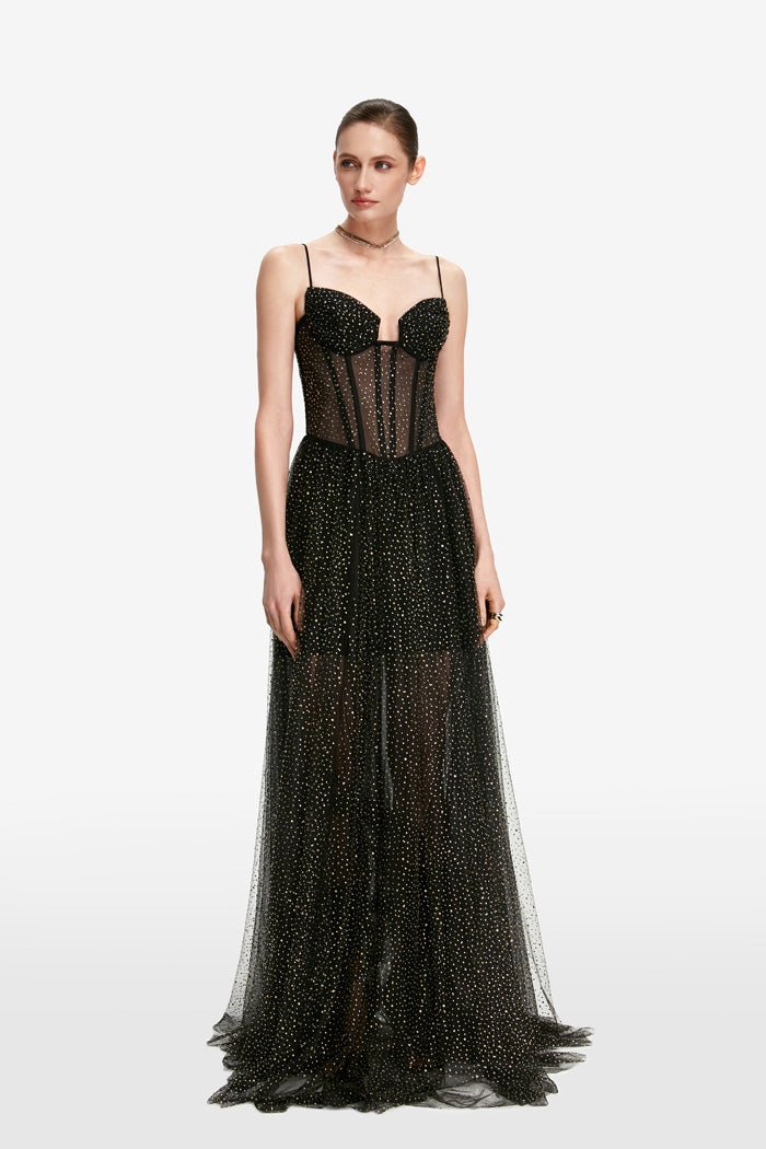 Draped rhinestone tulle corset maxi dress with voluminous skirt – Rasario