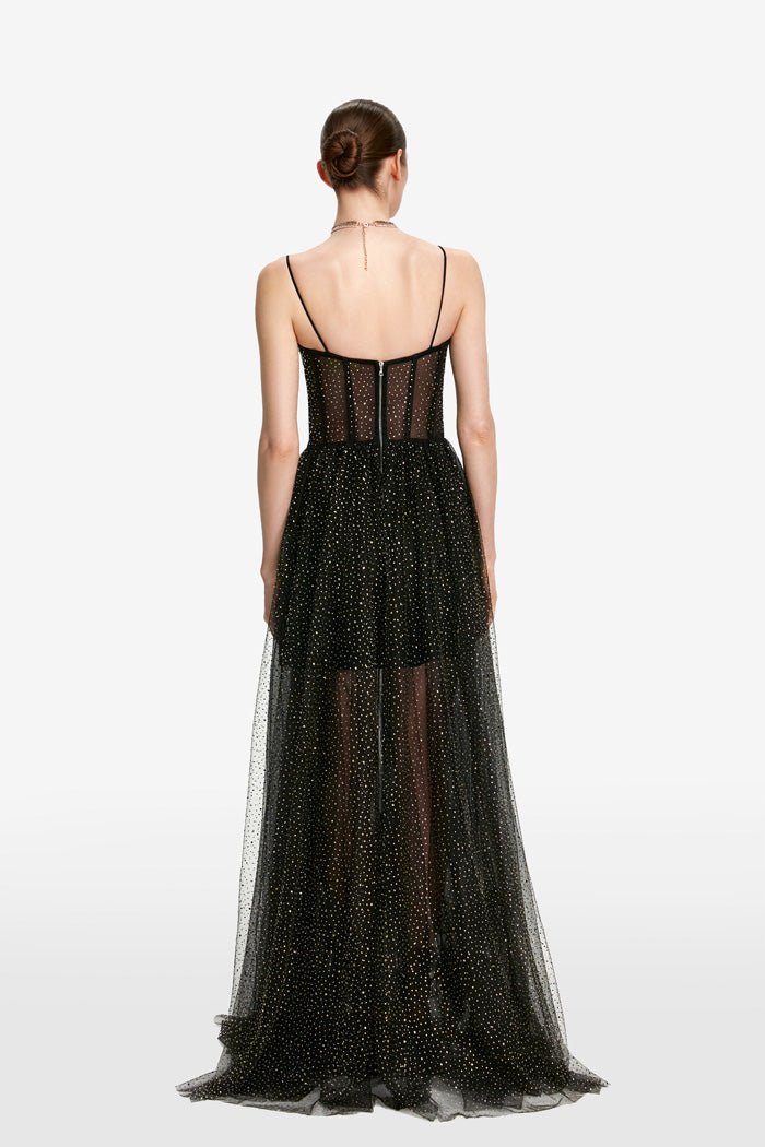 Draped rhinestone tulle corset maxi dress with voluminous skirt – Rasario