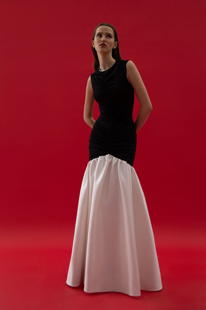 Draped satin and biflex gown with a train – Rasario