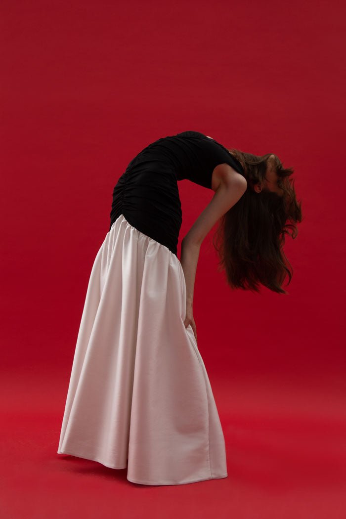 Draped satin and biflex gown with a train – Rasario