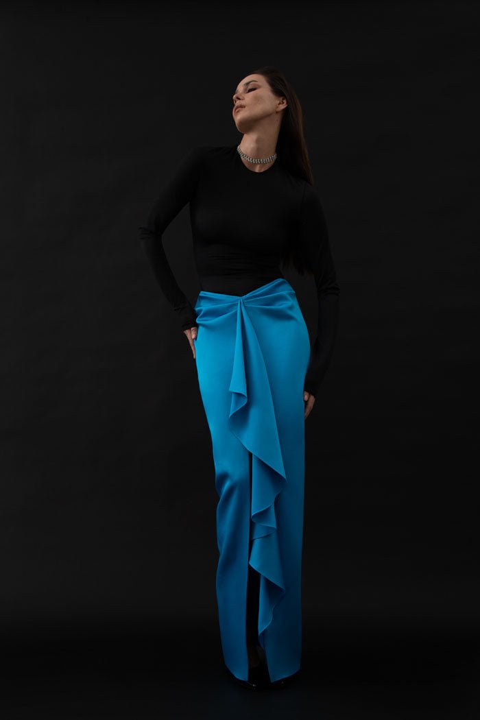 Draped satin and biflex maxi dress – Rasario