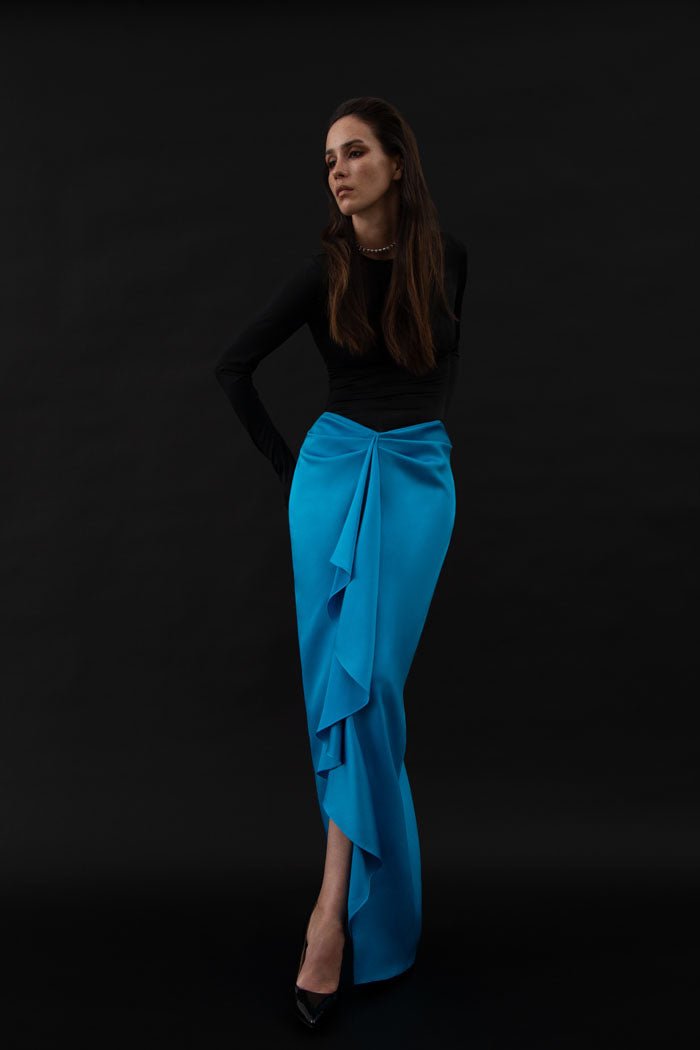 Draped satin and biflex maxi dress – Rasario