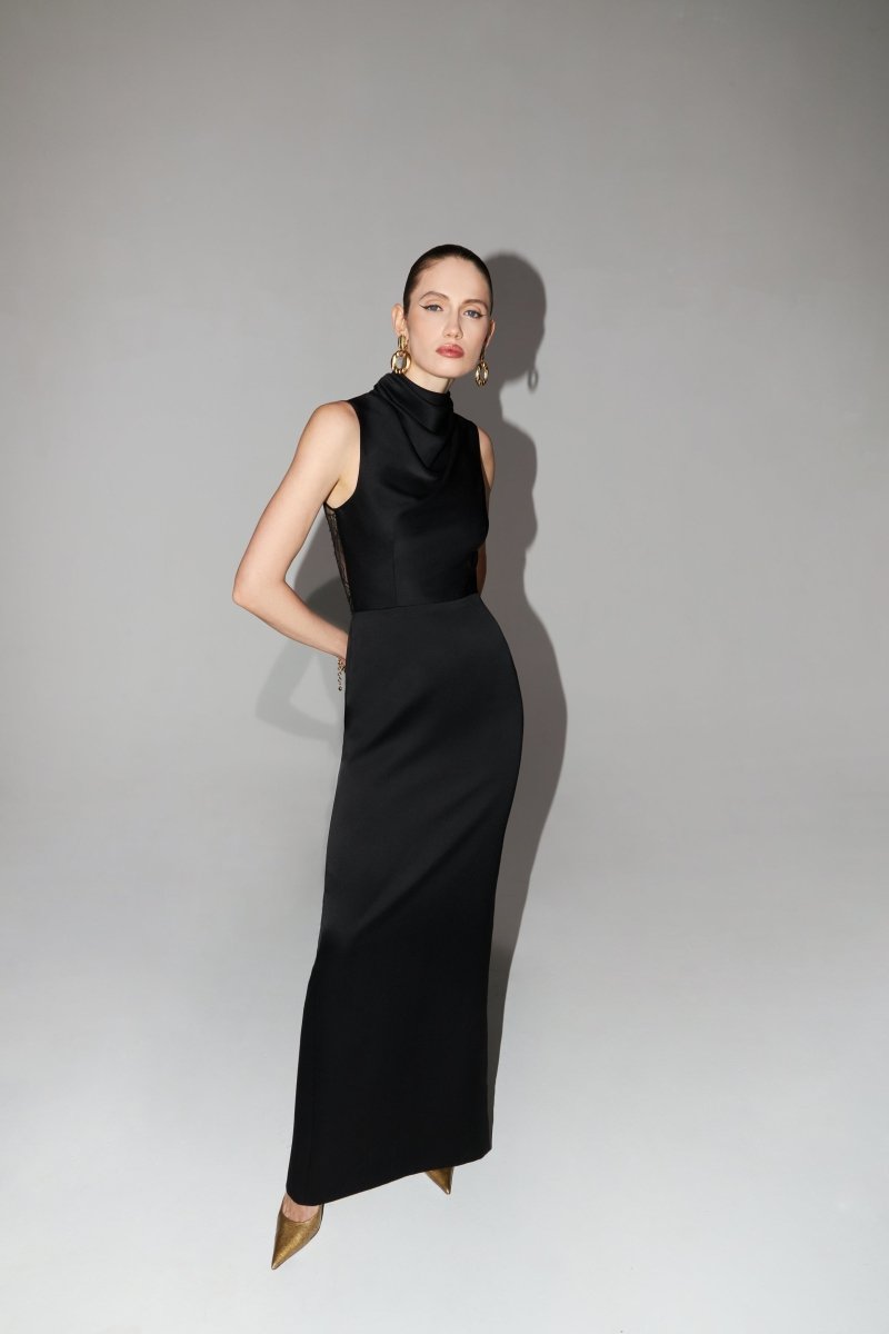 Draped satin and lace maxi-dress – Rasario