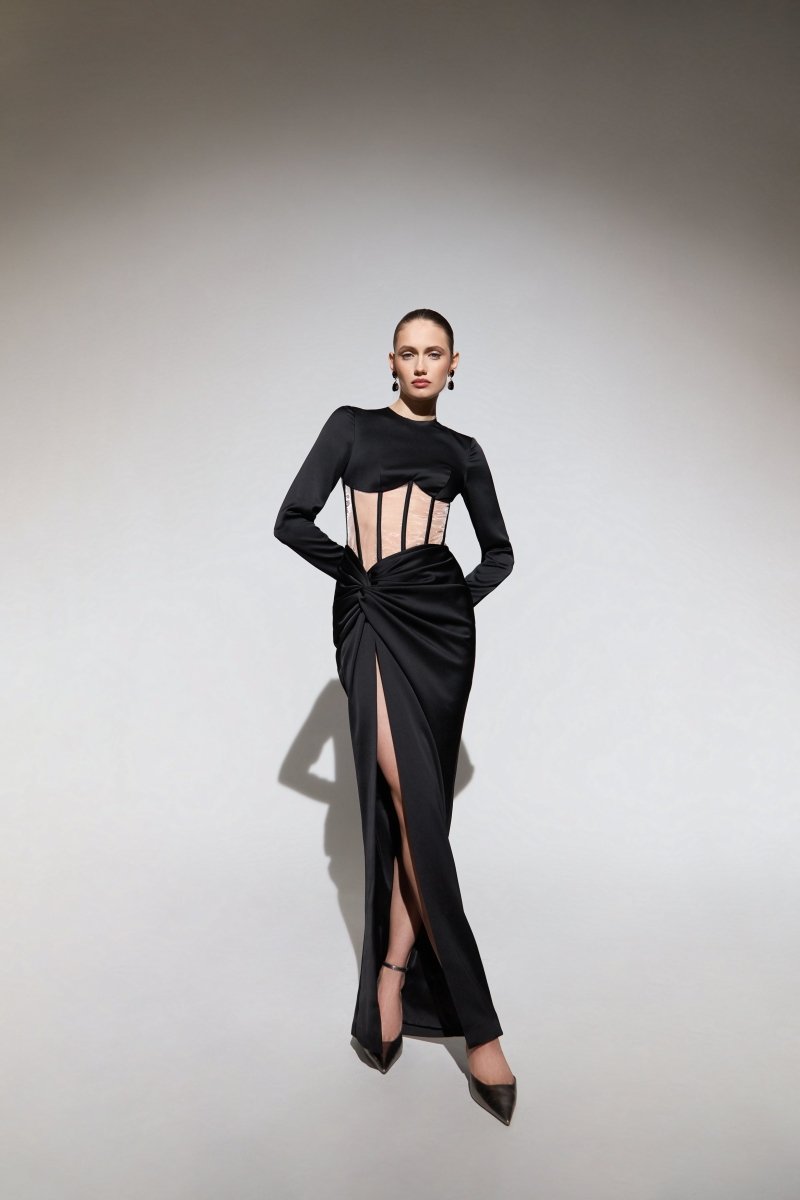 Draped satin corset dress with long sleeves – Rasario