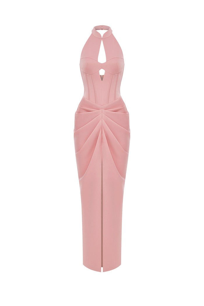 Draped satin long midi dress with cutout – Color: Powder Pink – RASARIO Online Boutique 36 (FR) / Powder Pink