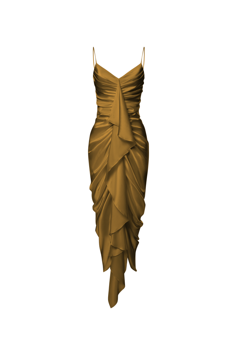 Draped satin long midi dress with ruffle – Rasario