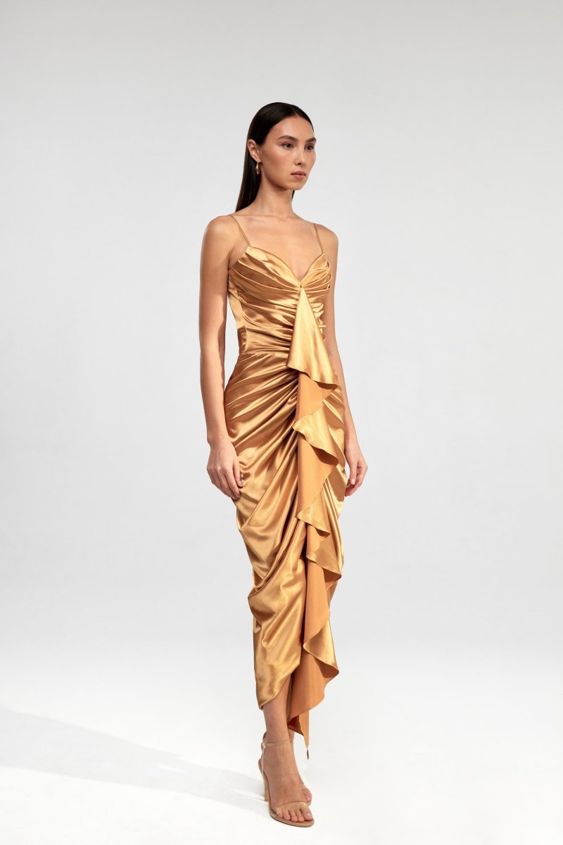 Draped satin long midi dress with ruffle – Rasario