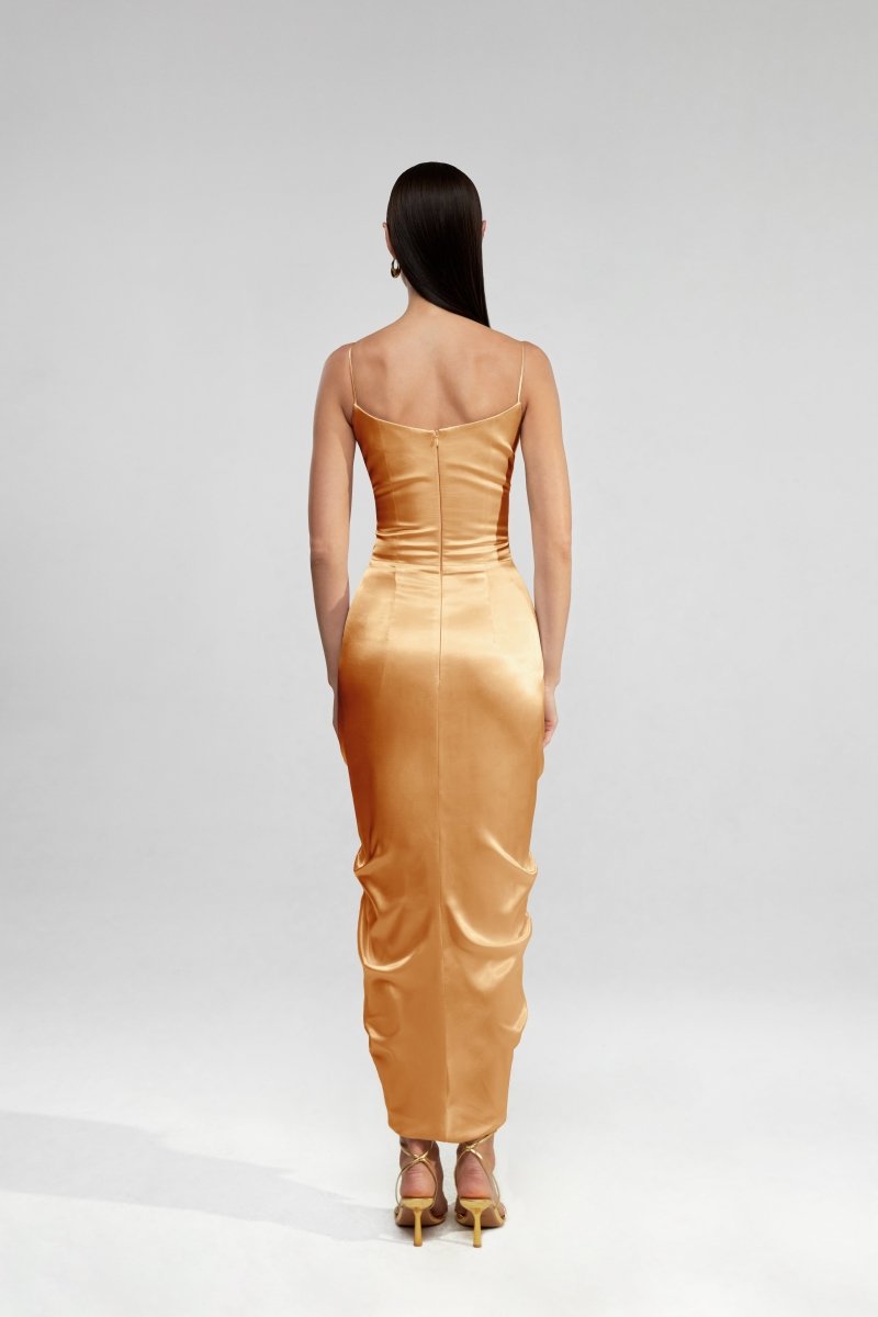 Draped satin long midi dress with ruffle – Rasario