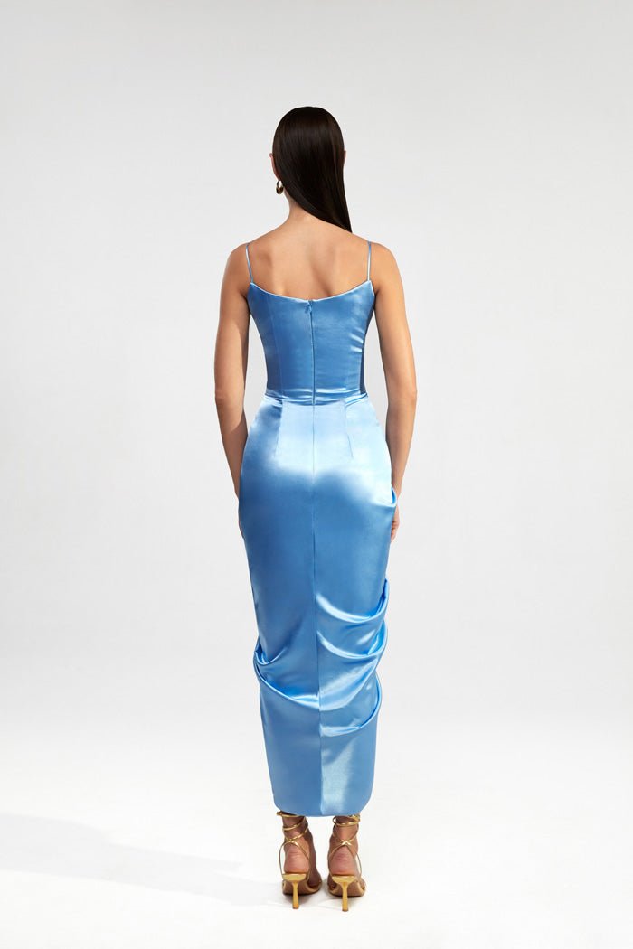 Draped satin long midi dress with ruffle – Rasario