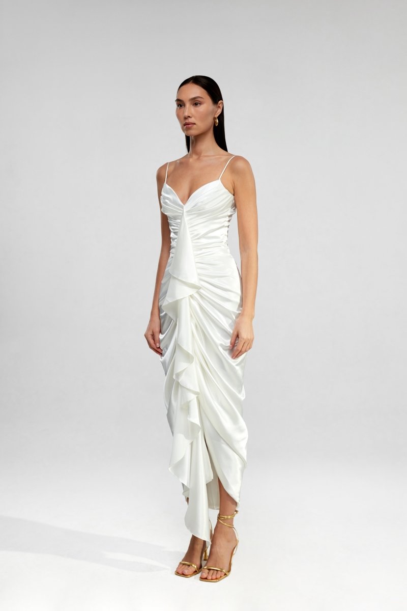 Draped satin long midi dress with ruffle – Rasario