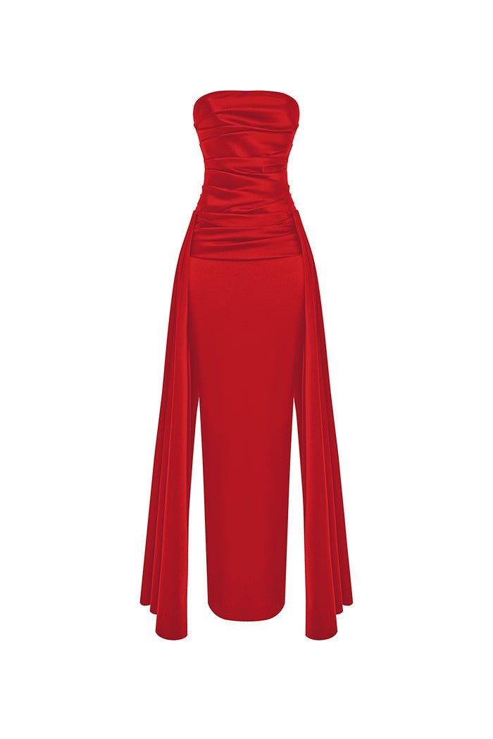 Draped satin maxi dress with a train – Color: Red – RASARIO Online Boutique 40 (FR) / Red