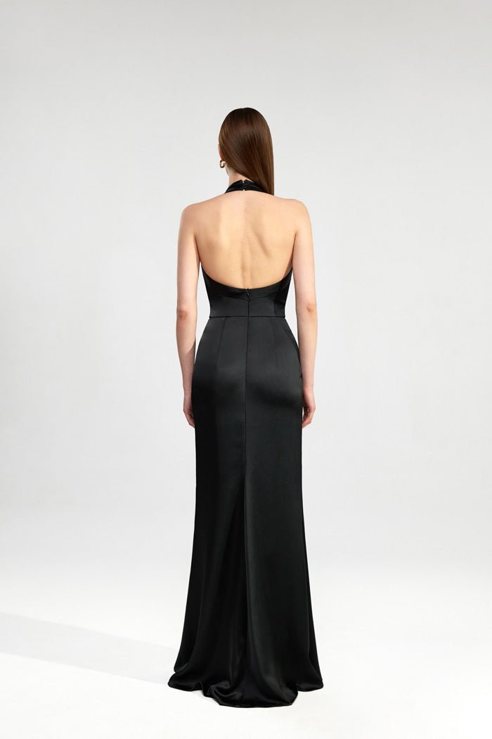 Draped satin maxi dress with an open back – Rasario