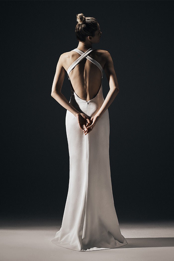 Draped satin maxi dress with an opened back – Rasario