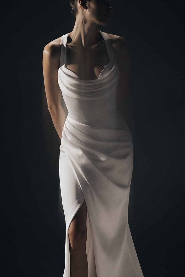 Draped satin maxi dress with an opened back – Rasario
