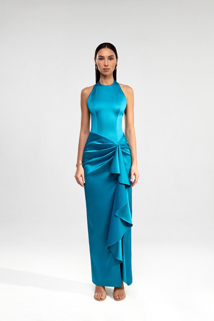Draped satin maxi dress with ruffle – Rasario