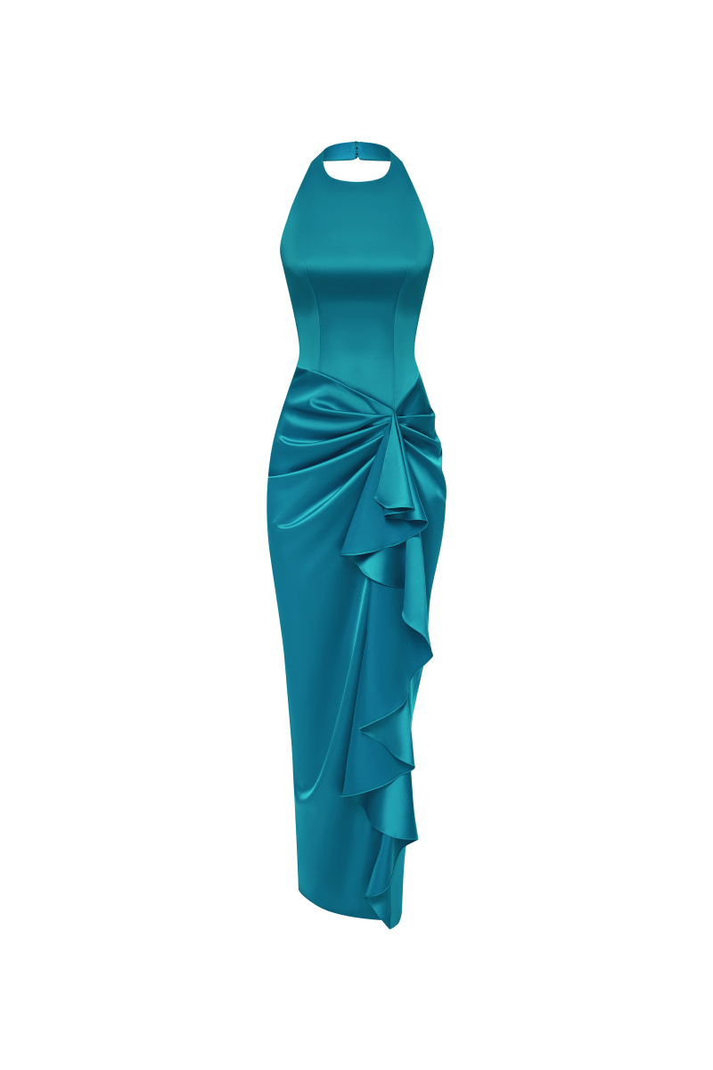 turquoise satin maxi dress Draped with ruffle – Color: – RASARIO Online Boutique 42 (FR) / Turquoise Size:0 - XXS this dress features a 2024-SOHO-ALLOCATION-NOV Long Sleeve Bodycon Micro