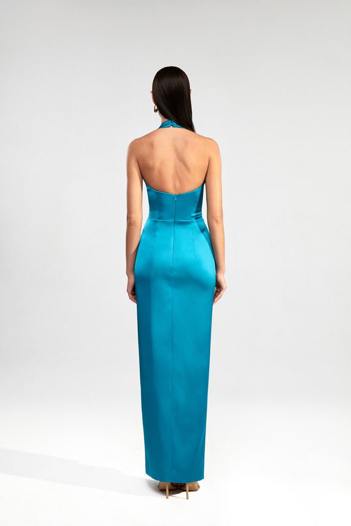 Draped satin maxi dress with ruffle – Rasario