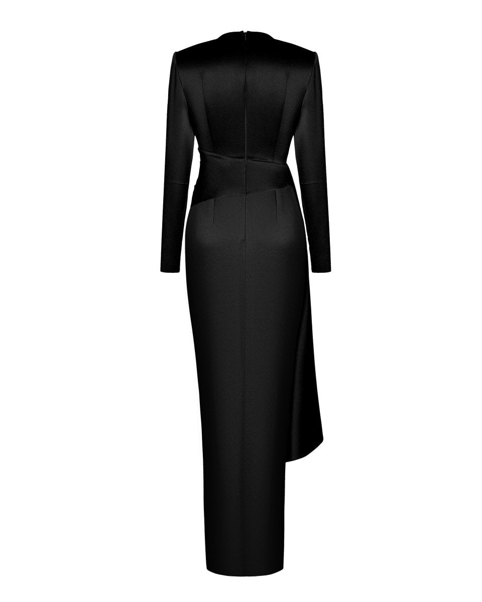 Draped satin maxi dress with voluminous shoulders – Rasario