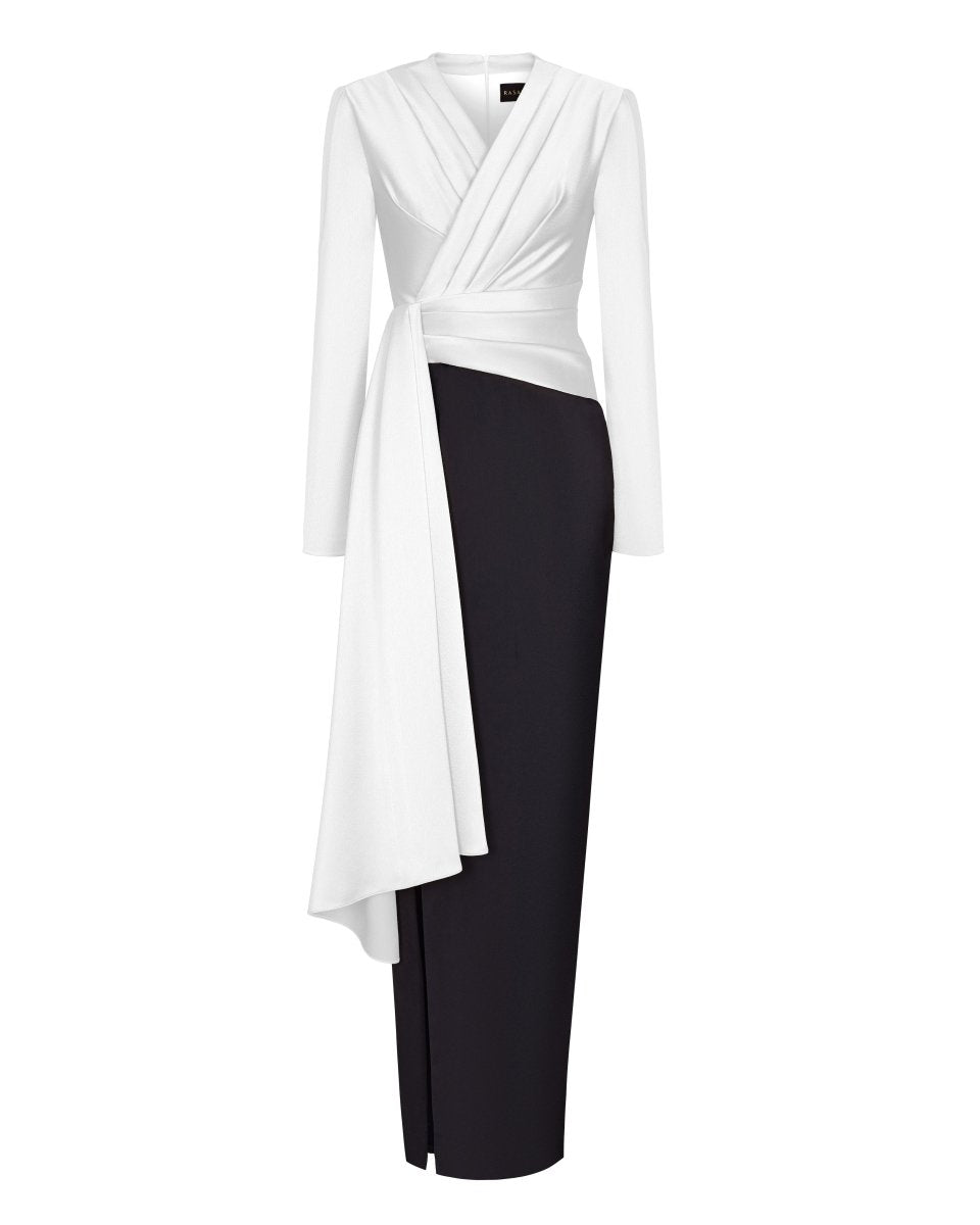 Draped satin maxi dress with voluminous shoulders – Rasario