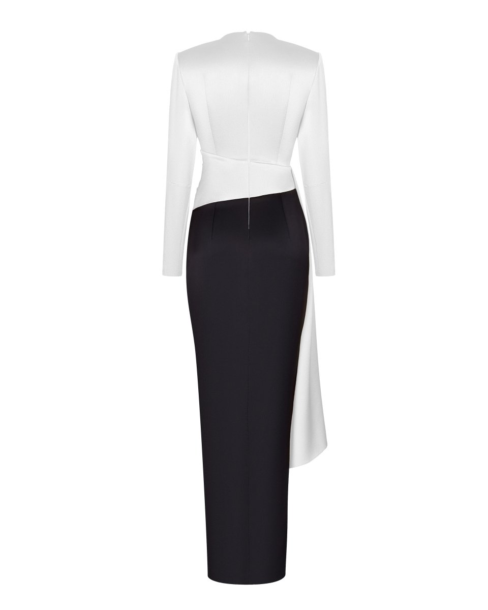 Draped satin maxi dress with voluminous shoulders – Rasario