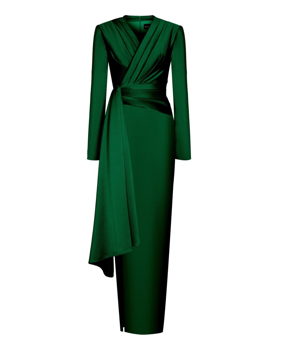 Draped satin maxi dress with voluminous shoulders – Color: Dark green – RASARIO Online Boutique 34 (FR) / Dark green