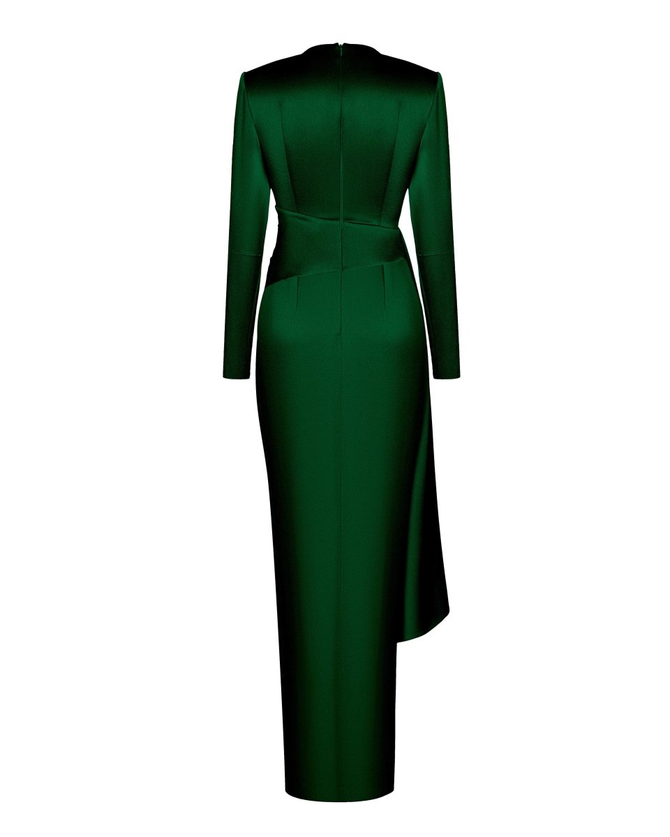 Draped satin maxi dress with voluminous shoulders – Rasario