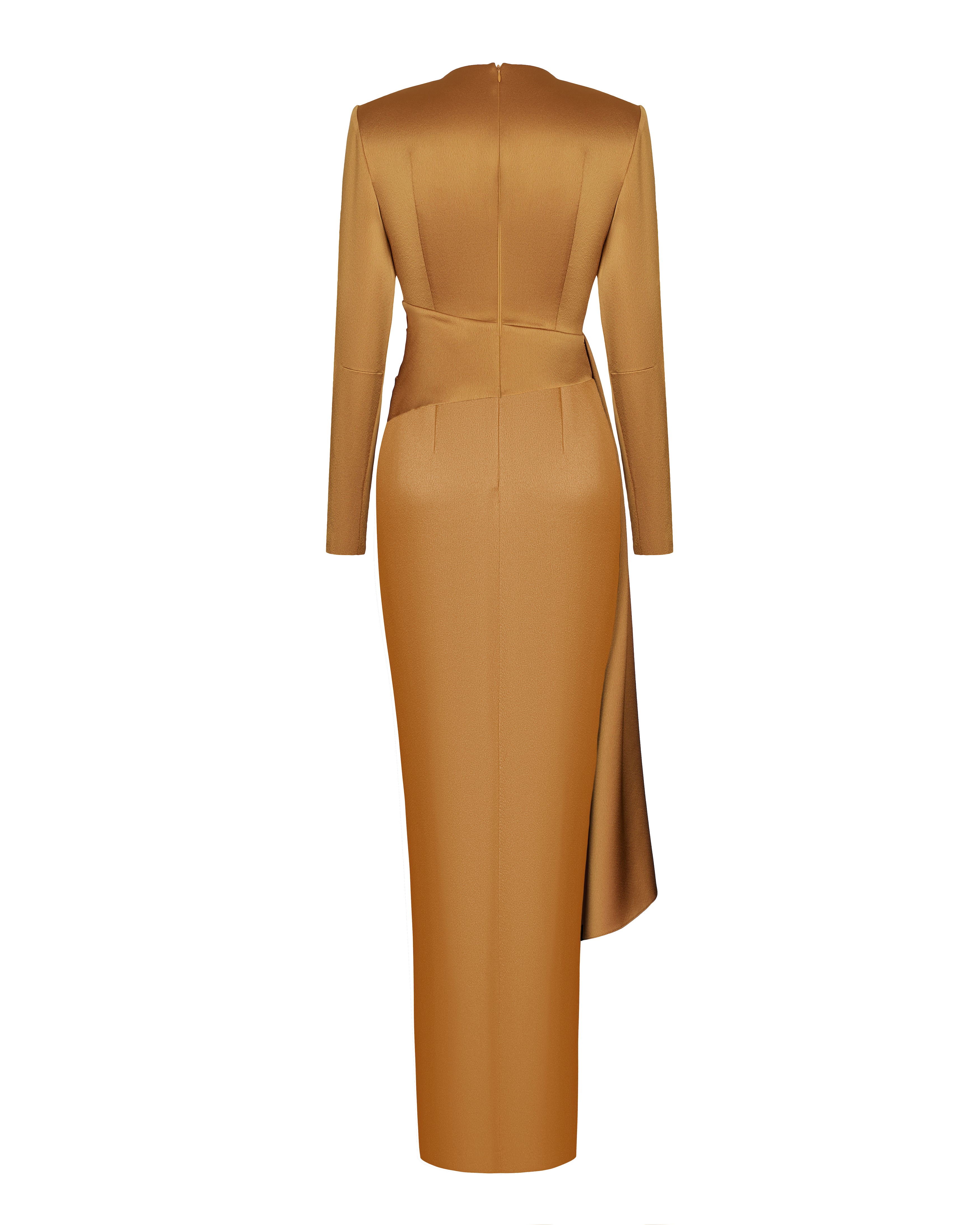 Draped satin maxi dress with voluminous shoulders – Rasario