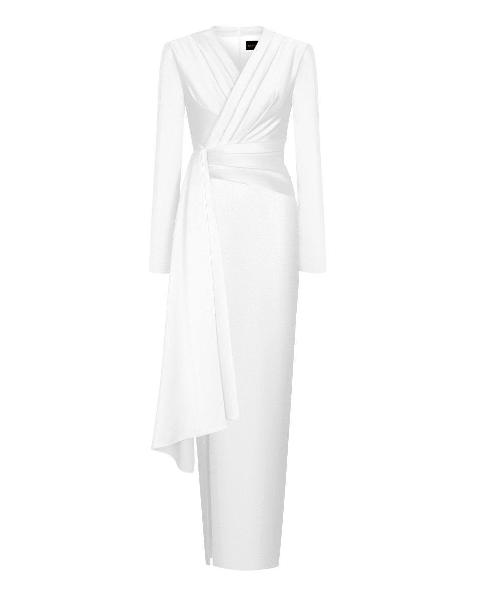 Draped satin maxi dress with voluminous shoulders – Rasario